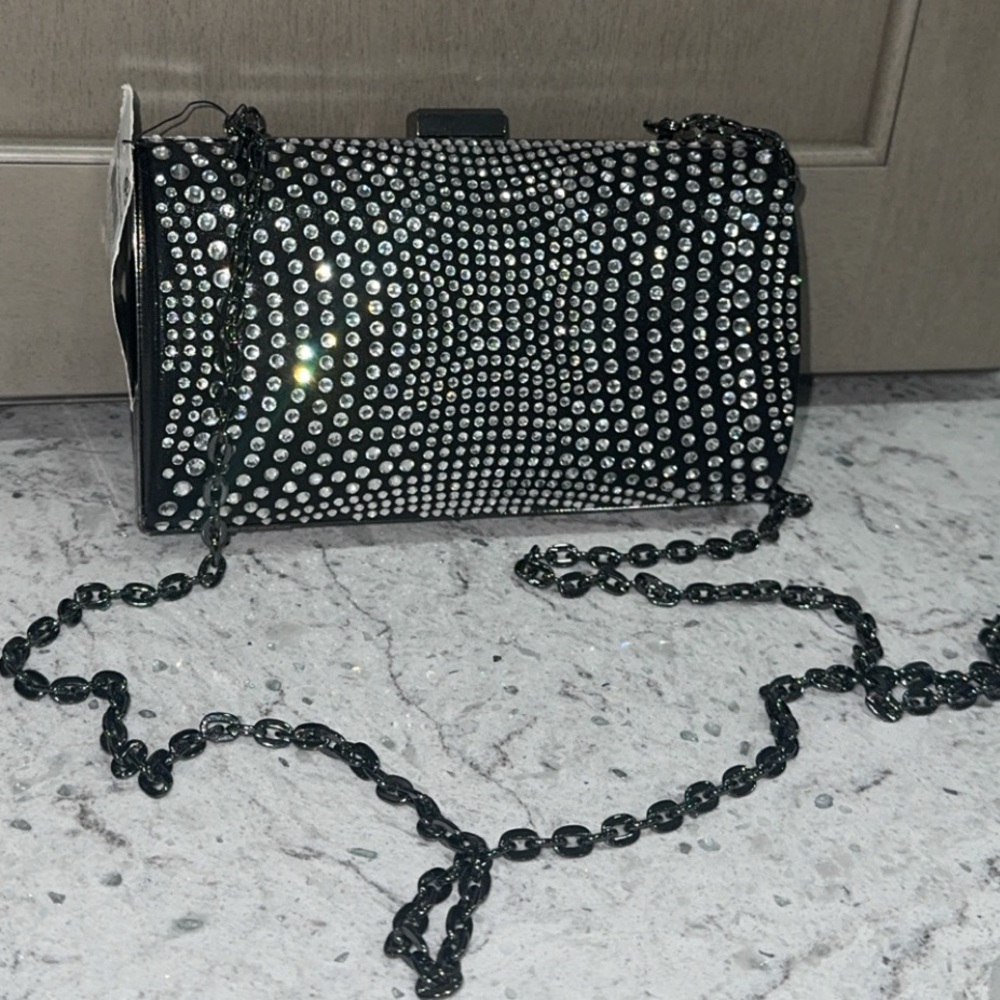I.N.C Embellished Black Rhinestone Crystal Purse Clutch Gunmetal Dressy Bag NEW - Picture 3 of 9
